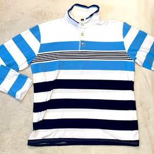Men’s long sleeve navy white light blue striped polo Sz L EUC